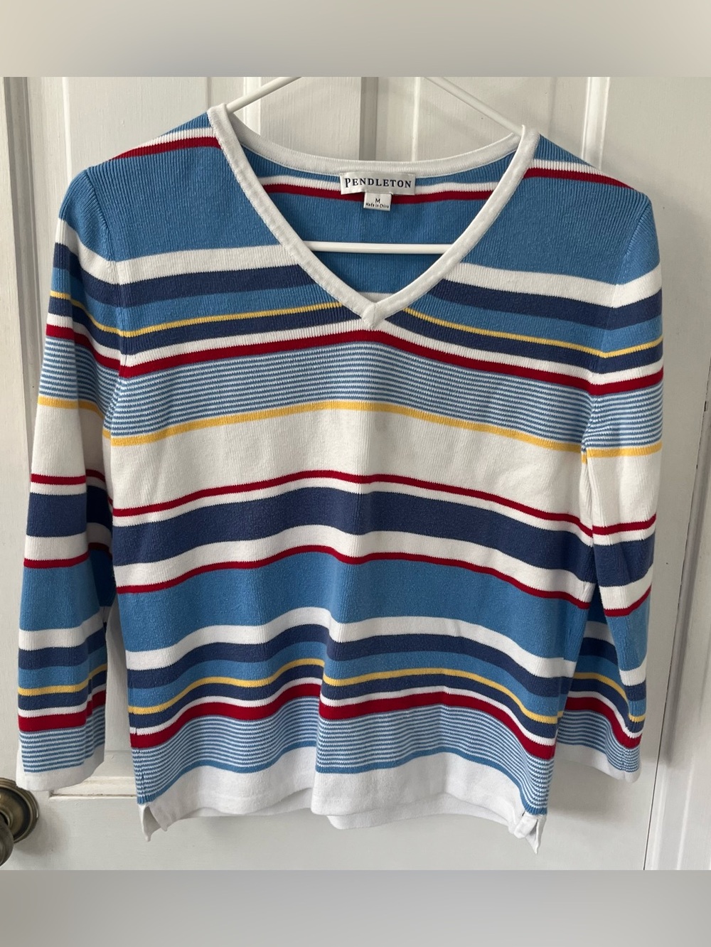Vintage PENDLETON Striped V-Neck Sweater Women's Size M Blue Red Yellow Knit